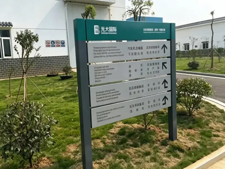 益阳某大型企业厂区导览牌实拍——不锈钢框蓝绿头，多语种方位指引——天舜广告