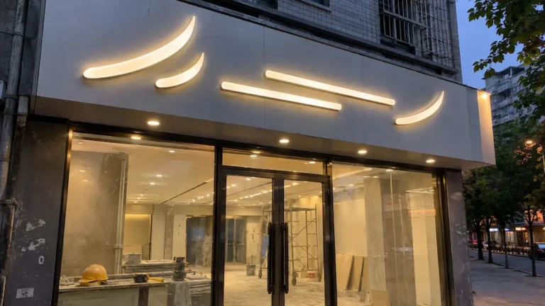 益阳门头招牌结构示意，铝塑板底板配亚克力发光字