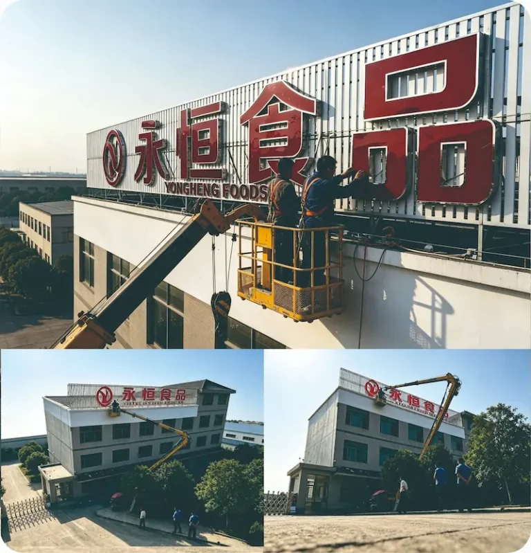 益阳永恒食品 YONGHENGSHIPIN 楼顶发光字招牌吊车安装现场实拍，发光字施工与作业吊篮——天舜广告制作案例
