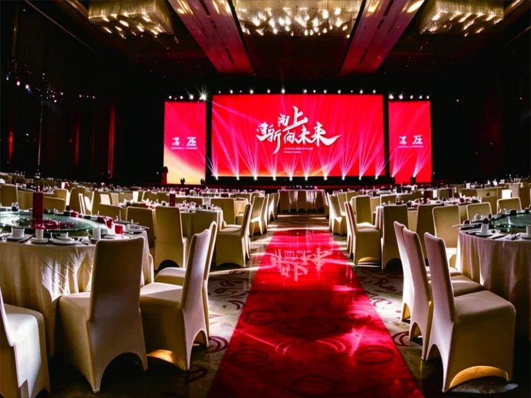 益阳企业年会现场实拍——宴会大厅舞台与圆桌布置
