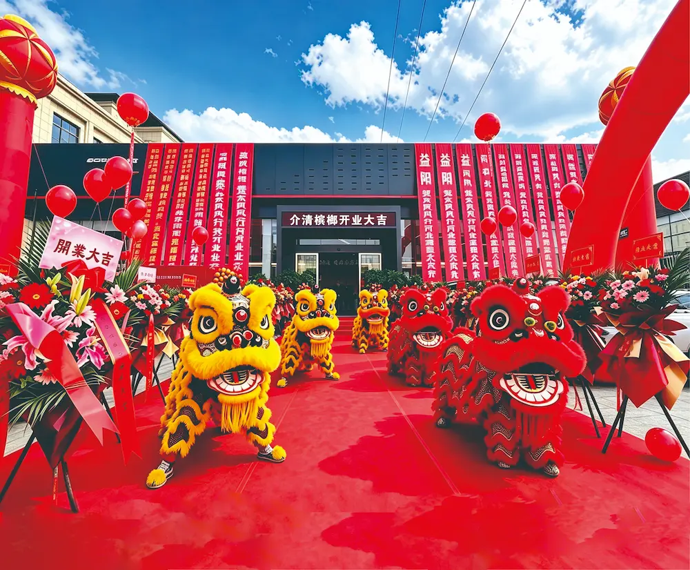 益阳开业庆典舞狮表演现场，红色地毯通道、开业条幅与花篮布置