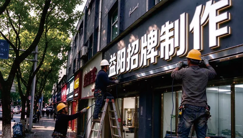 益阳门头招牌制作实拍——沿街门店门头发光大字现场