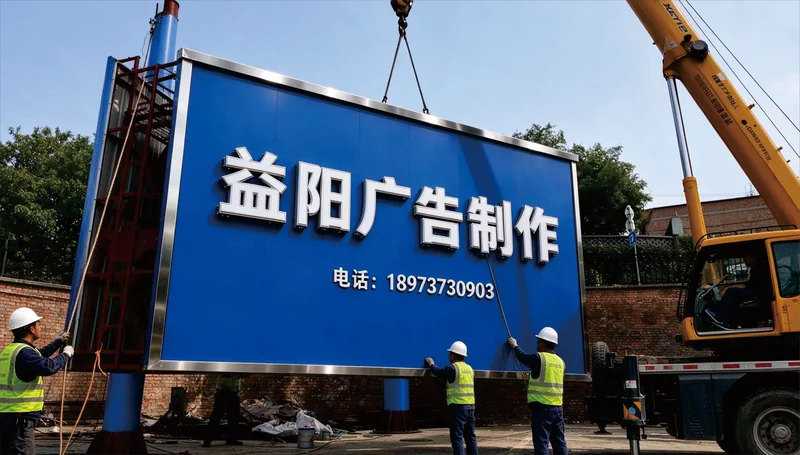 益阳广告牌制作实拍——大型户外广告牌吊装现场