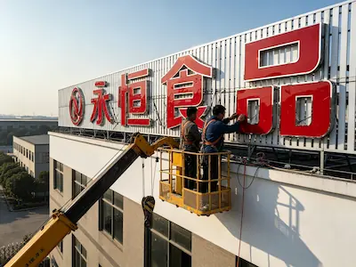 益阳某企业厂区楼顶大字实拍——两名作业人员在吊篮内装设红色大字