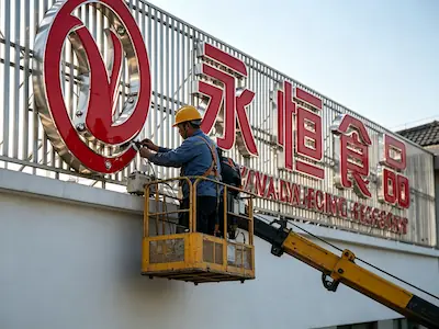 益阳某企业厂区楼顶大字近景实拍——作业人员在高空吊篮内作业